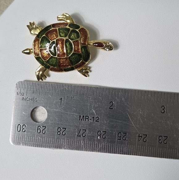 Colorful Gold Tone Green Brown Enamel Turtle Brooch - Picture 7 of 17